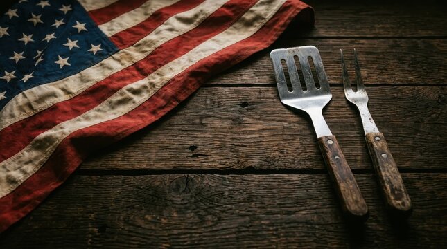 Usa labor day bbq american flag with grill tools on rustic wood