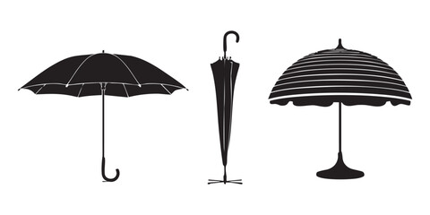 Black umbrella silhouettes including open folded and beach parasol versions for summer and weather. © Mohammad