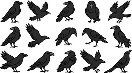 Naklejka premium Set of black crows in different poses, cartoon style vector illustration of ravens