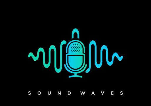 Microphone with sound waves vector logo design for podcast or audio studio
