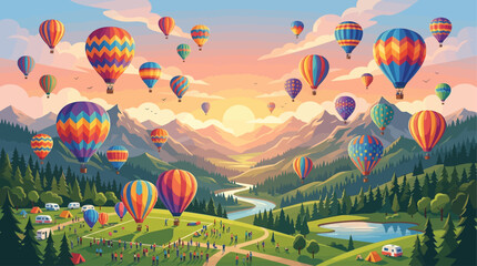 Vibrant Hot Air Balloon Festival Over Scenic Mountain Valley and River at Sunset Illustration © john
