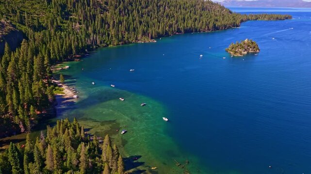 Aerial sunny view over Emerald Bay Lake Tahoe