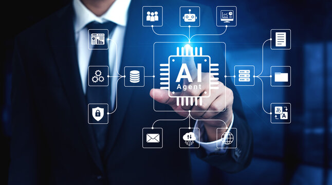 Business Professional Using AI Technology Interface for Automation in Modern Corporate Environment with Graphical Elements and Innovative Design. Glyphic.