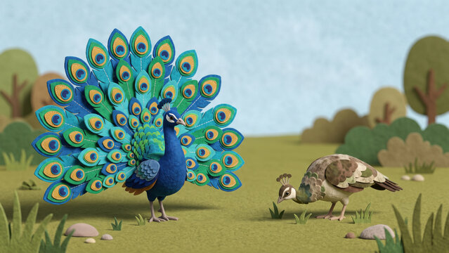 Cut felt illustration of a male peacock displaying his tail feathers to a peahen in a grassy field with copy space.