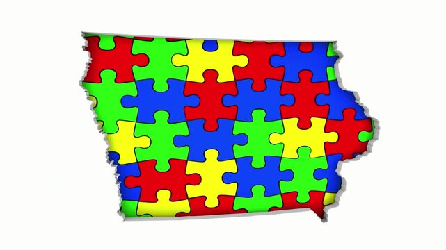 Iowa IA State Map Autism Puzzle Pieces Awareness Autistic Symbol Spectrum 3d Animation