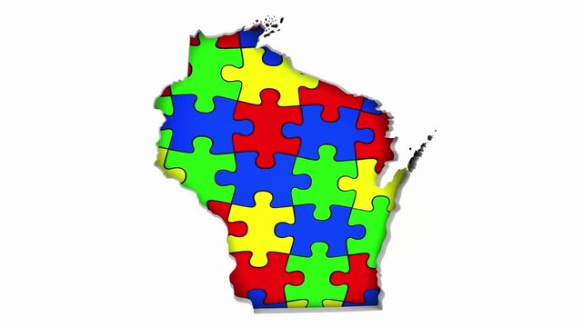 Wisconsin WI State Map Autism Puzzle Pieces Awareness Autistic Symbol Spectrum 3d Animation