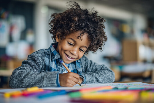 Smiling child writing with the left hand in a school notebook and accidentally smudging marker drawings. Authentic learning moment in a bright classroom
