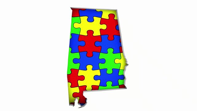 Alabama AL State Map Autism Puzzle Pieces Awareness Autistic Symbol Spectrum 3d Animation