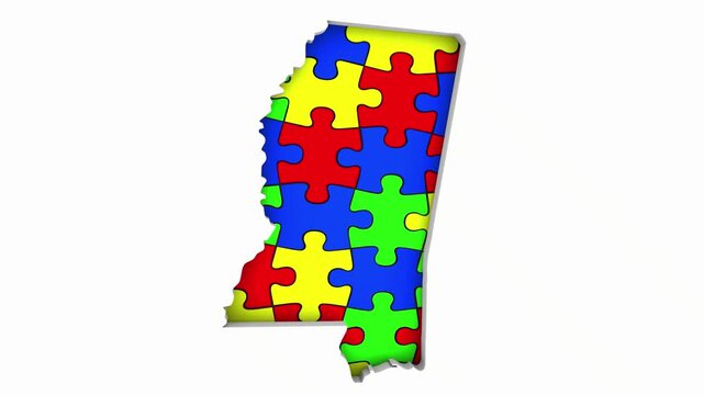 Mississippi MS State Map Autism Puzzle Pieces Awareness Autistic Symbol Spectrum 3d Animation