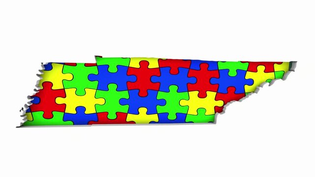 Tennessee TN State Map Autism Puzzle Pieces Awareness Autistic Symbol Spectrum 3d Animation