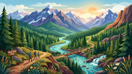 Majestic mountain landscape illustration featuring hikers on a trail by a river with peaks and sunset sky background © john