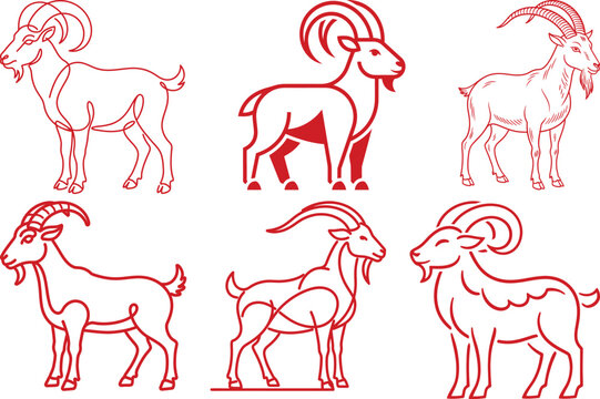 Minimalist goat line art icons, red mountain goat vector set, 6 stylized ram and ibex illustrations for organic branding and logo design