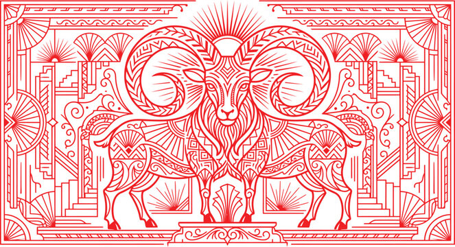 Vintage Aries zodiac ram illustration, red line art astrological sheep vector, ornate celestial animal horoscope banner with geometric frame