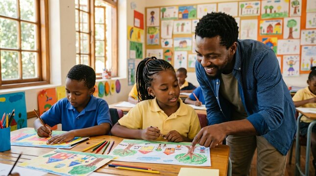 Friendly male teacher helping young Black students with their colorful drawings in a bright classroom, elementary school art class, creative learning.