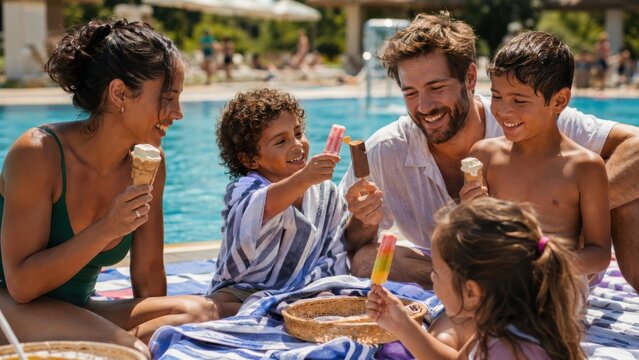 Familie mit Eis am Pool &ndash; Eltern und Kinder sitzen entspannt auf einer Decke am Beckenrand und genie&szlig;en Eis, Sonne und gemeinsamen Urlaub in sommerlicher Atmosph&auml;re.