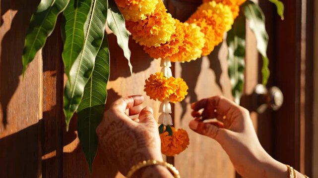 Hands decorating home with orange marigold flower garlands.