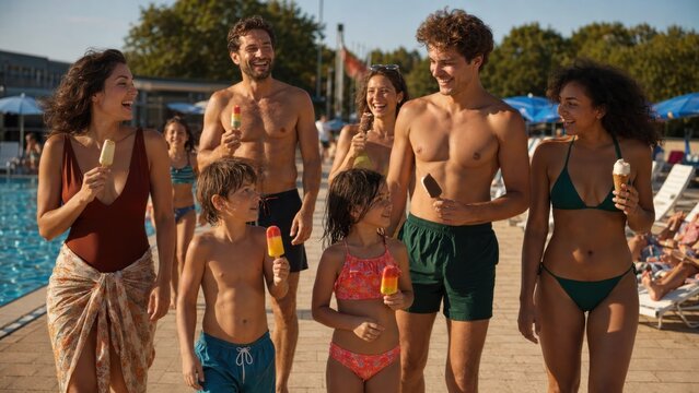 Familie mit Eis am Poolweg &ndash; Erwachsene und Kinder spazieren entspannt am Becken entlang, essen Eis und genie&szlig;en Sommer, Urlaub und gemeinsame Zeit im Freibad.