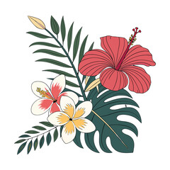 Tropical hibiscus and plumeria floral bouquet, exotic palm and monstera leaves vector, summer botanical composition for wedding invitations © hassanrakin