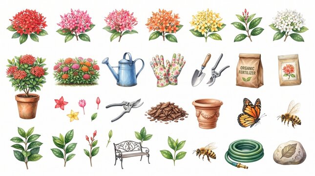 Watercolor ixora flowers and gardening tools element set isolated on white background