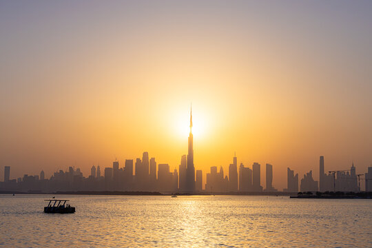 Golden Hour Sunset Silhouette of Dubai Skyline