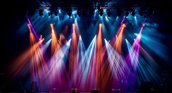 Vibrant stage lighting with moving beams of colorful spotlights illuminating the smoky atmosphere during a live music performance, creating a dynamic and energetic light show for the audience