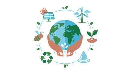 Naklejka premium Hands Holding Globe Surrounded by Renewable Energy Icons and Nature Symbols Illustration