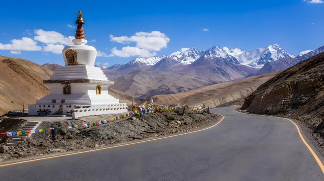Winding Asphalt Mountain Highway with White Buddhist Stupa in Ladakh Landscape Photography