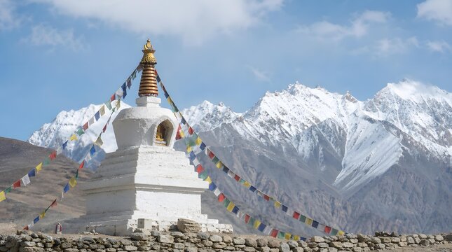 raditional White Buddhist Chorten Stupa Standing Against Snow Covered Mountains Landscape Photography