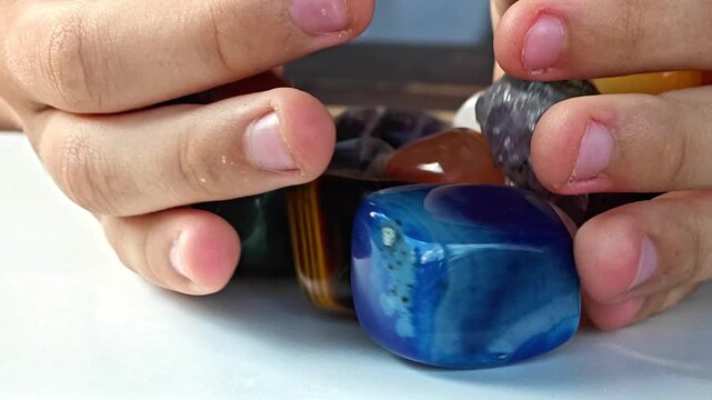 Natural minerals in hand. Semi-precious multi-colored stones, minerals close-up. Mineralogy. Collection of minerals.