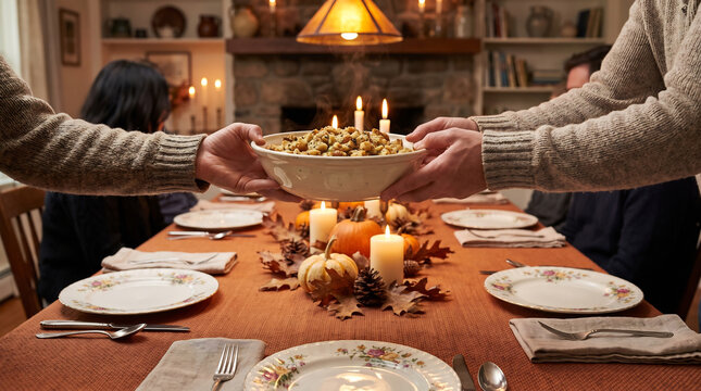 Hands passing stuffing bowl across a set Thanksgiving dinner table