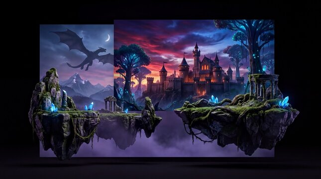 Fantasy environment design, a vibrant, epic fantasy landscape with a dramatic parallax effect