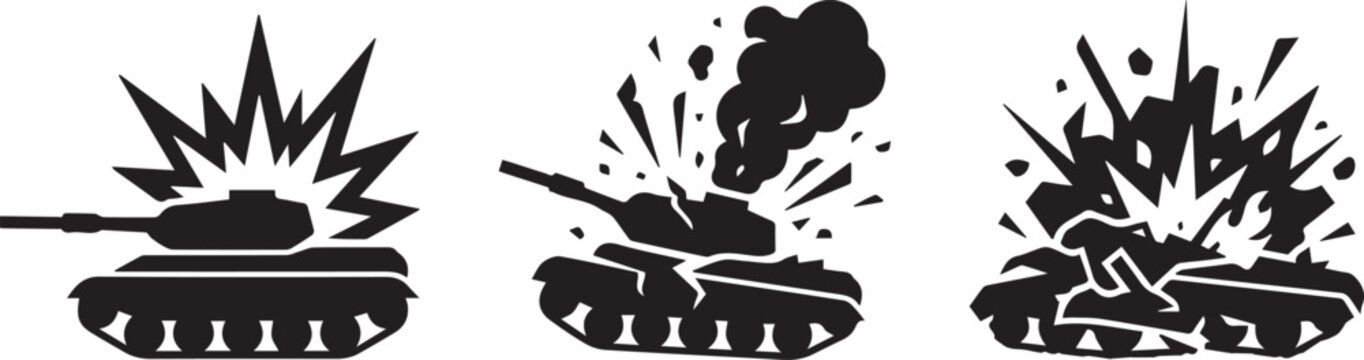 Military tank under explosion attack during combat. Armored battle vehicle firing artillery amidst war zone destruction and smoke.