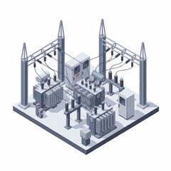 Obraz premium Isometric view of electrical substation with transformers and power lines.