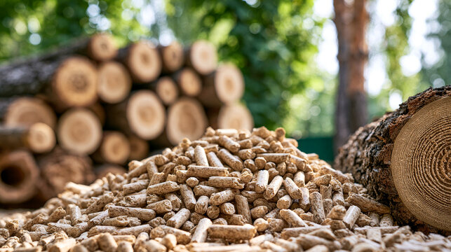 A large pile of wood pellets in an outdoor setting with blurred stacked logs and green trees. Sustainable energy source for eco-friendly heating and biomass fuel.