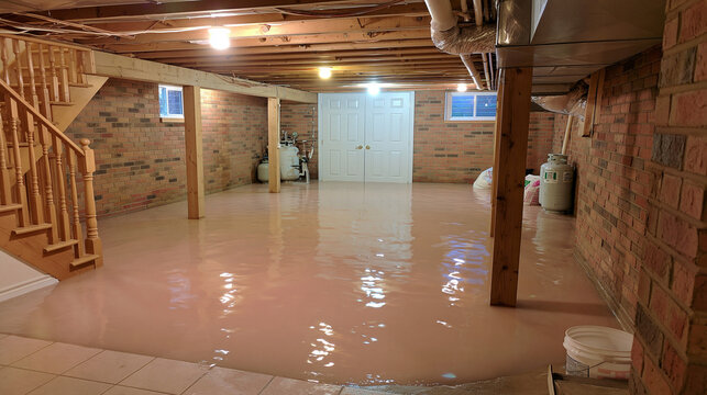 A residential basement floor is covered in standing flood water. This image represents the destructive consequences of severe home flooding and water damage.