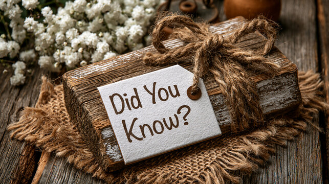 A rustic wooden block with a "Did You Know?" tag and twine bow rests on burlap and wood. Ideal for knowledge, trivia, or interesting facts content.