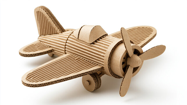 A small toy airplane made of corrugated cardboard isolated on white background. This eco-friendly model signifies creativity, sustainable crafting, and child development concepts.