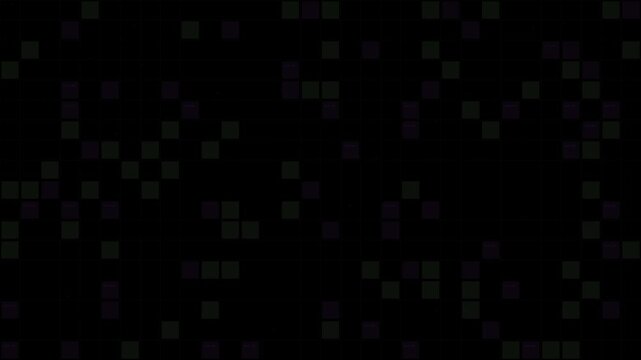 A seamless animation of green and purple square pixels moving diagonally across a dark background to create a looping pattern effect.