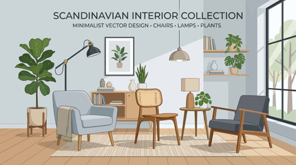 Scandinavian Interior Collection Minimalist Vector Art Featuring Elegant Chairs, Stylish Lamps, and Lush Plants for Home Decor Inspiration © john