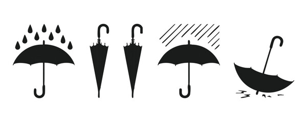 Umbrella icons set with rain shower protection and broken parasol symbols for stormy weather theme. © Nuruzzaman