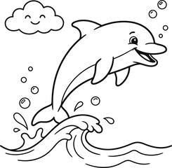 Obraz premium Playful dolphin leaping from waves black and white cartoon illustration