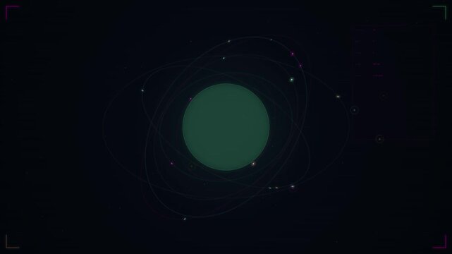 An abstract green celestial body rotates in space with multiple orbiting particles forming a continuous loop.