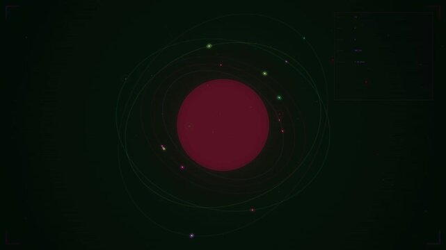 Seamless looping animation of glowing particles orbiting a central sphere in dark space.