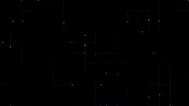 Seamless looping animation of minimalist glowing dots and wireframe rectangles on a black background.