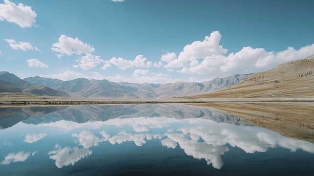 A tranquil landscape showcases mountains standing tall against a clear blue sky. The calm water mirrors the stunning scenery, creating a peaceful atmosphere at dawn or dusk