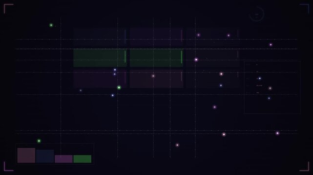 A dark abstract digital interface displays a grid and colorful nodes that form a seamless loop pattern.
