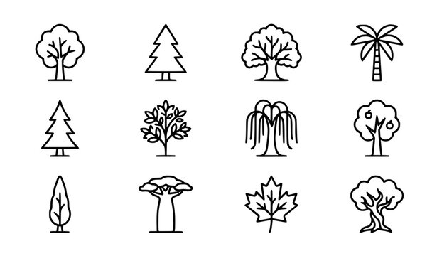 Simple tree outline icon collection featuring palm, pine and deciduous botanical nature illustrations set