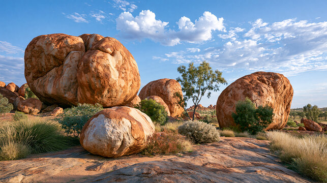 Massive spherical granite boulders, known as Devils Marbles, in a sunlit arid Australian landscape under a blue sky. Ideal for showcasing unique geological formations or Outback.