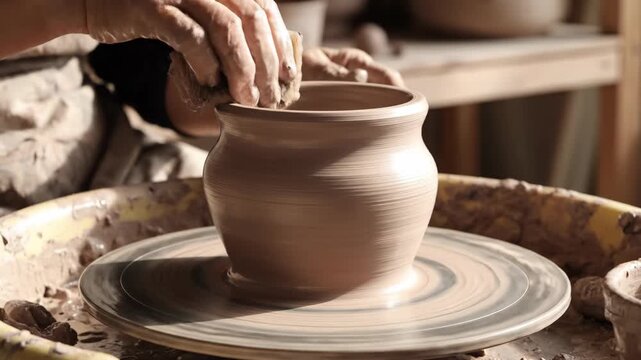 Hands shaping a clay pot on a pottery wheel.