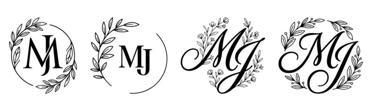 MJ Monogram Set with Elegant Botanical Wreath and Floral Initial Letters Vector